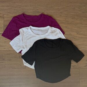Lululemon 3-Pack Cropped Ribbed Crew Neck Tees Magenta, White, Black Size 6